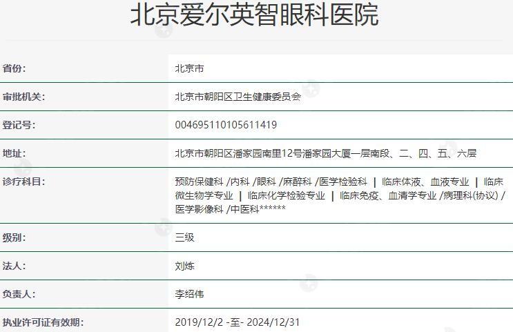 北京爱尔英智眼科医院资质